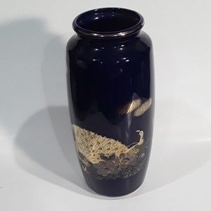 Vintage Blue Vase, Double Peacock, Gold trim. Japan 10 inches tall